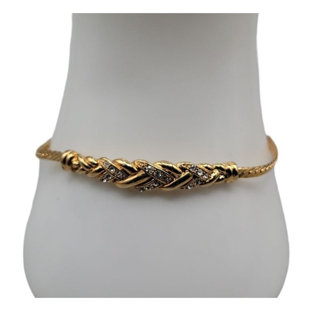 Gold Plated Twisted Diamante Bracelet 7.75" Chain Unmarked Colorless Glass Stone